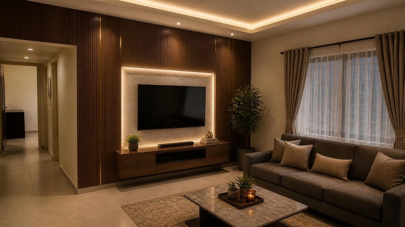 The same living room after a NESTORA upgrade — fluted PVC wall panels, backlit TV wall, false ceiling with cove lighting